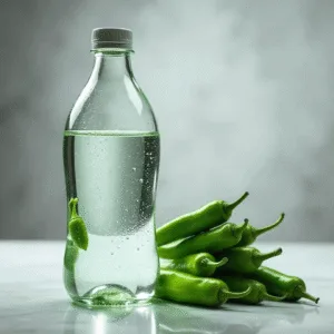 diabetes-- A transparent bottle of water placed next to four or five fresh green chilies.