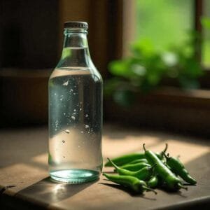 diabetes - سبز مرچ، پانی 1 Clear glass bottle with clean drinking water beside a small pile of green chilies on a wooden table, lit by soft natural light from a window.