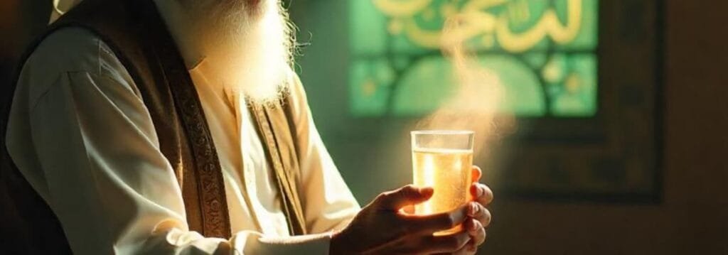 بلڈ پریشر کا روحانی علاج 3 دن میں خاتمہ۔ / blood pressure 2 spiritual healing by Elderly man holding ruqyah water for high blood pressure with Islamic calligraphy in the background بلڈپریشر