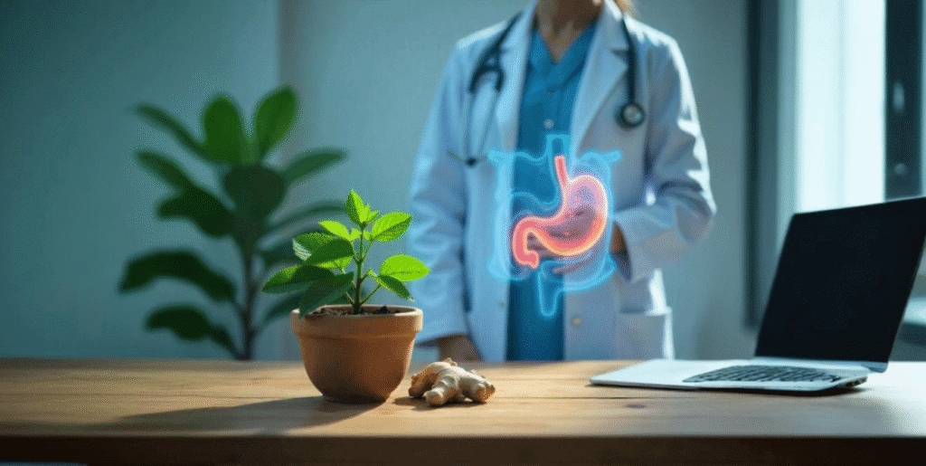 معدے کے امراض کا حیران کن روحانی علاج قرآن و حدیث کے روشنی میں/stomach.100% 2 پیپرمنٹ کے پودے کے ساتھ ایک ڈاکٹر اور پس منظر میں معدے کی 3D تصویر — ہاضمے کی صحت کی نمائندگی